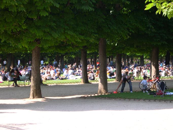  foule prenant le solel sur les pelouses du jardin du Luxembourg